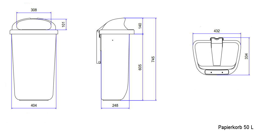 Sizes, dimensions and measures of the litter bins 50 litre images-pictures
