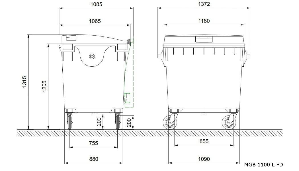 Sizes, dimensions and measures of the wheelie bins 1100 l fl images pictures