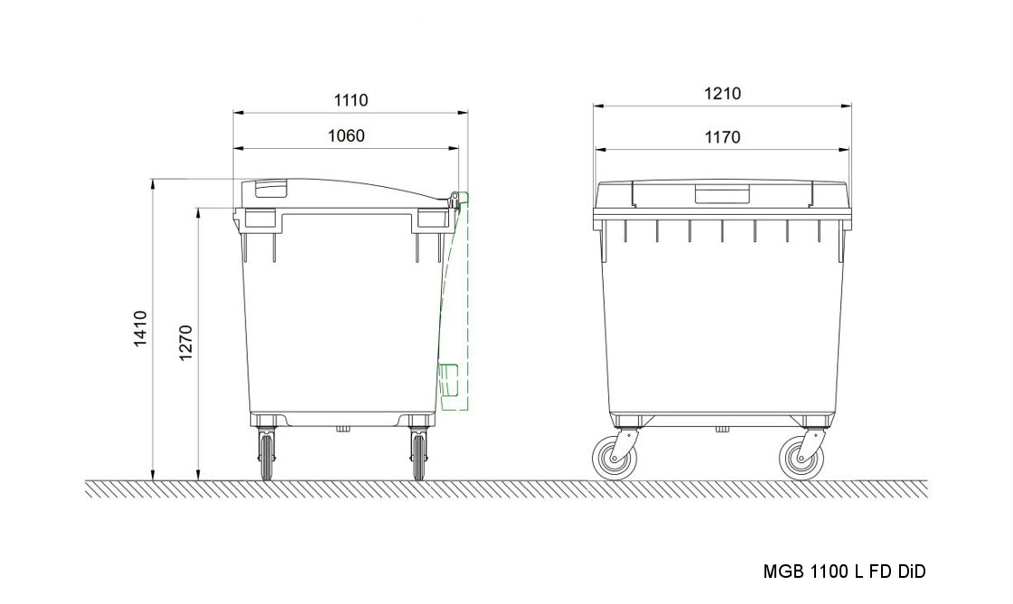 Maßzeichnung der Abfallbehälter 1100 L FD DD