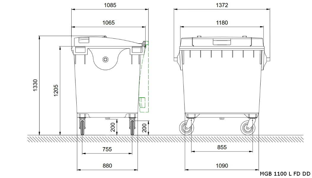 Abfallbehälter 1100L FD DD masszeichnung