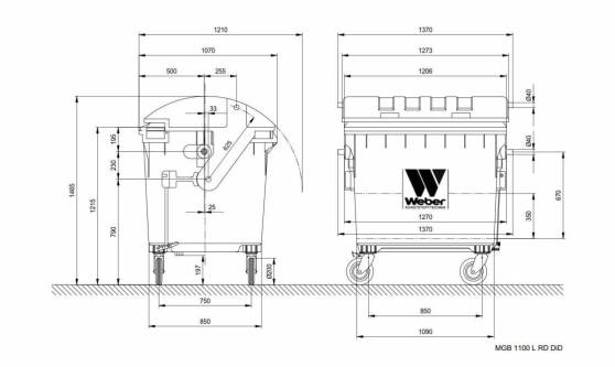 Abfallbehälter 1100L RD DD masszeichnung