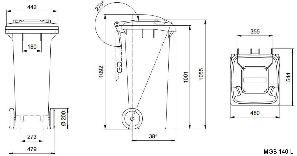 Mülltonne 140 L masszeichnung