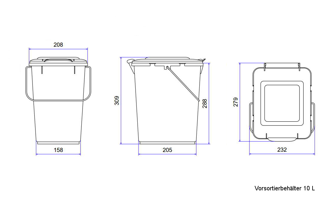 Sizes, dimensions and measures of the litter bins 10 litre images-pictures
