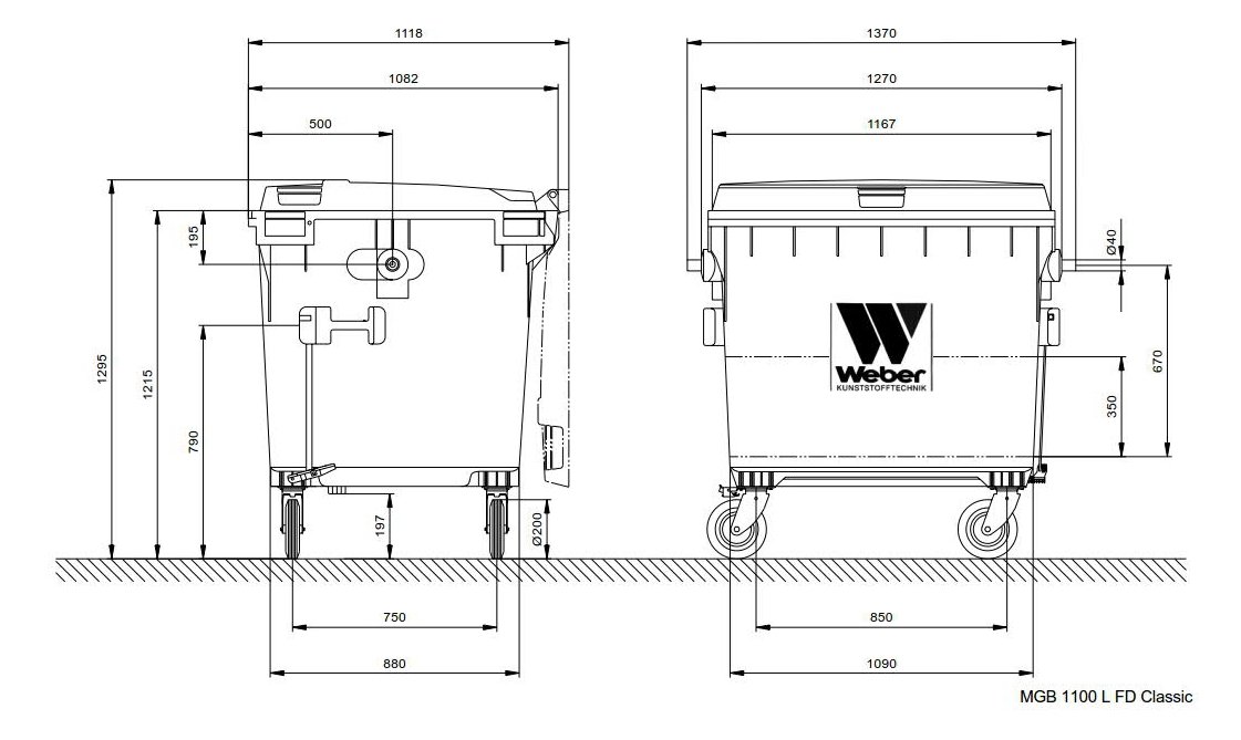 mobile waste containers 1100 L FL C Dimensional drawing