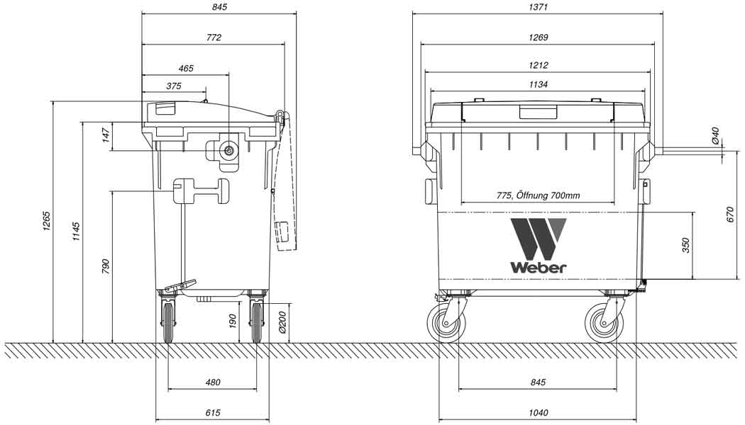 660 L LiL Waste Bin Dimensional drawing