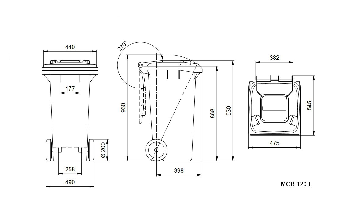 waste recycling bins 120 L Dimensional drawing