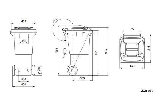waste recycling bins 60 L Dimensional drawing