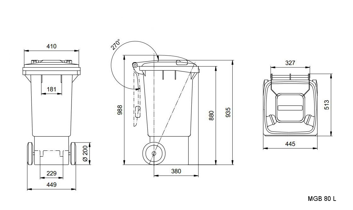 waste recycling bins 80 L Dimensional drawing
