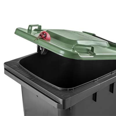 Gravity lock on plastic waste container lid — Weber