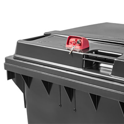Red security lock on grey 4-wheel waste container lid — Weber