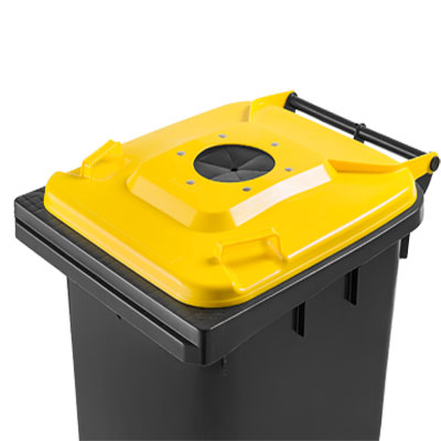 Round bottle aperture on yellow 2-wheel wheelie bin — Weber