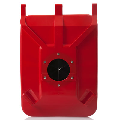 Bottle aperture with rubber rosette on red wheelie bin lid — Weber