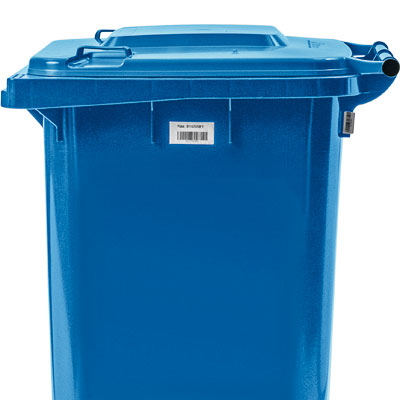 Barcode sticker with container number on the body of a blue 2-wheel wheelie bin — Weber