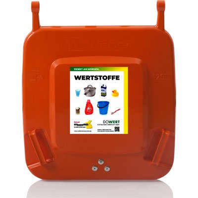 Sticker with a recycling sorting guide on the lid of an orange 120 L 2-wheel wheelie bin — Weber