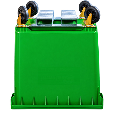 Forklift pockets on a blue 4-wheel plastic waste container — Weber