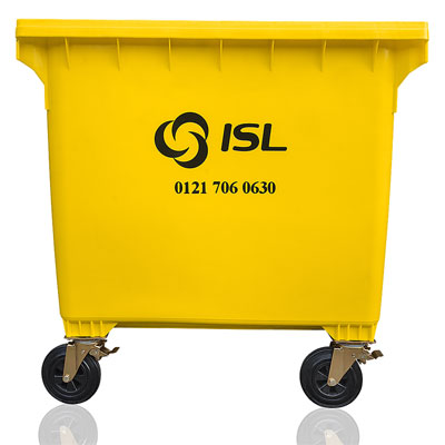 Hot-foil printing on the body of a 4-wheel plastic waste container — Weber