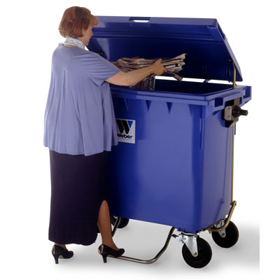Foot pedal lid opener on 4-wheel plastic waste container — Weber