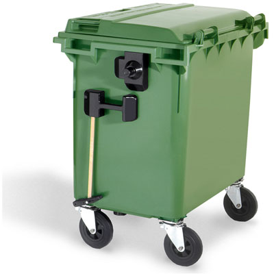 Central brake with side lifting handles on 4-wheel plastic waste container — Weber