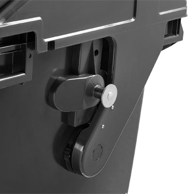 DIN lifting trunnion with safety stopper on 4-wheel waste container — Weber