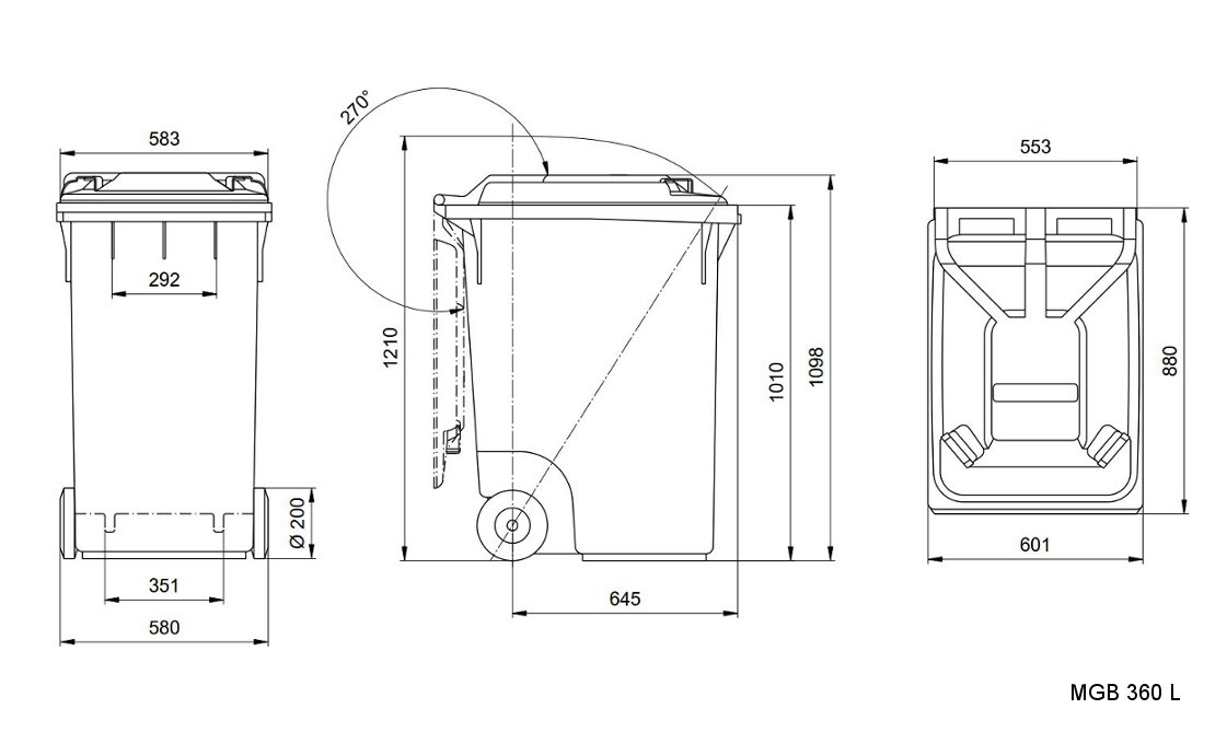 Sizes, dimensions and measures of the wheelie bins 360 litre images-pictures